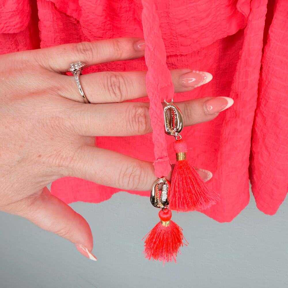 Lilly Pulitzer Mays Neon Coral Ruffle Tank Puka Shell Tassel Vacation Top XS - Picture 5 of 13